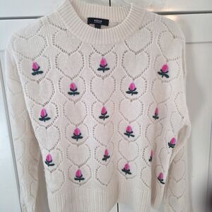 Aqua White Sweater with Pink and Green Floral Pattern